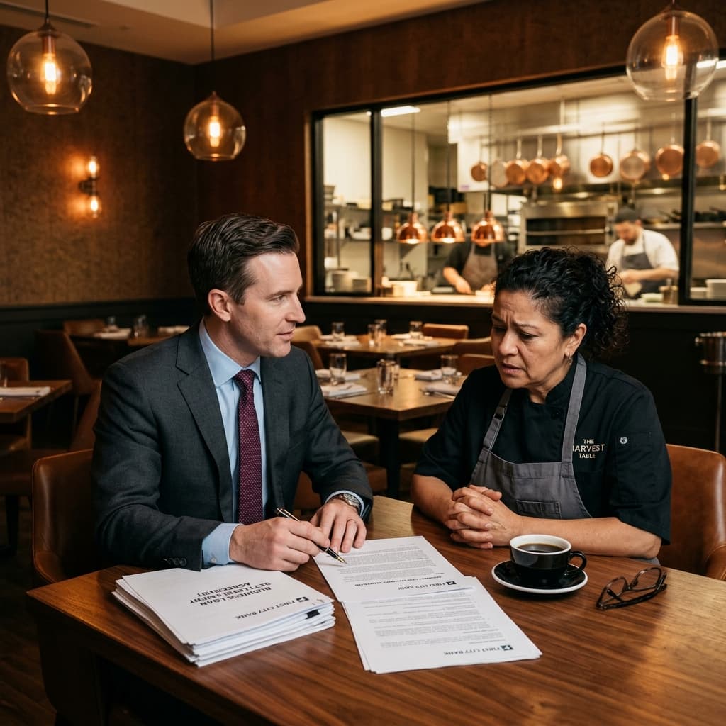 Restaurant owner discussing business loan settlement with advocate Anuj Anand Malik
